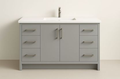 Mobile bagno grigio in legno composito con lavandino in resina integrato, sei cassetti e due ante-Lenorivlo