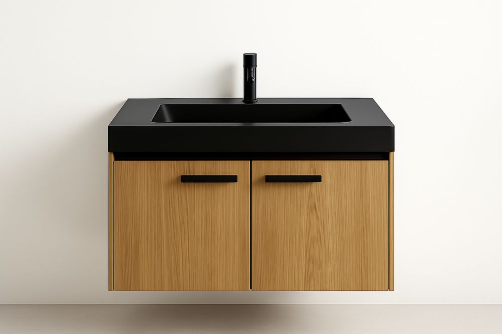 Lavabo a Parete con Mobile in Legno di Rovere e Lavello in Resina Nera 80x50x50 cm-Lenorivlo
