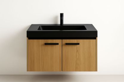 Lavabo a Parete con Mobile in Legno di Rovere e Lavello in Resina Nera 80x50x50 cm-Lenorivlo