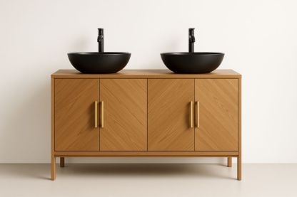 Mobile Bagno in Legno con Doppi Lavabi Tondi in Ceramica Nera-Lenorivlo