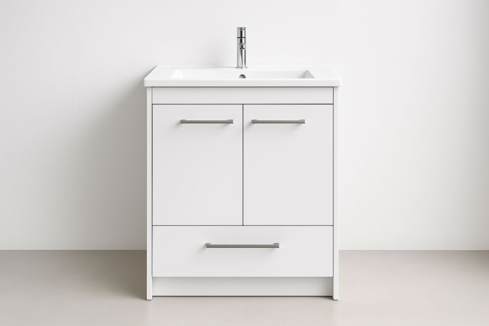 Mobile Bagno in Legno MDF Bianco con Ante e Cassetto 60x45x85 cm-Lenorivlo