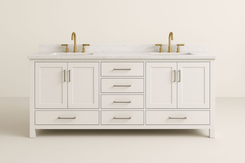 Mobile Bagno Doppi Lavabi Bianco MDF/Ottone con Marmo-Lenorivlo