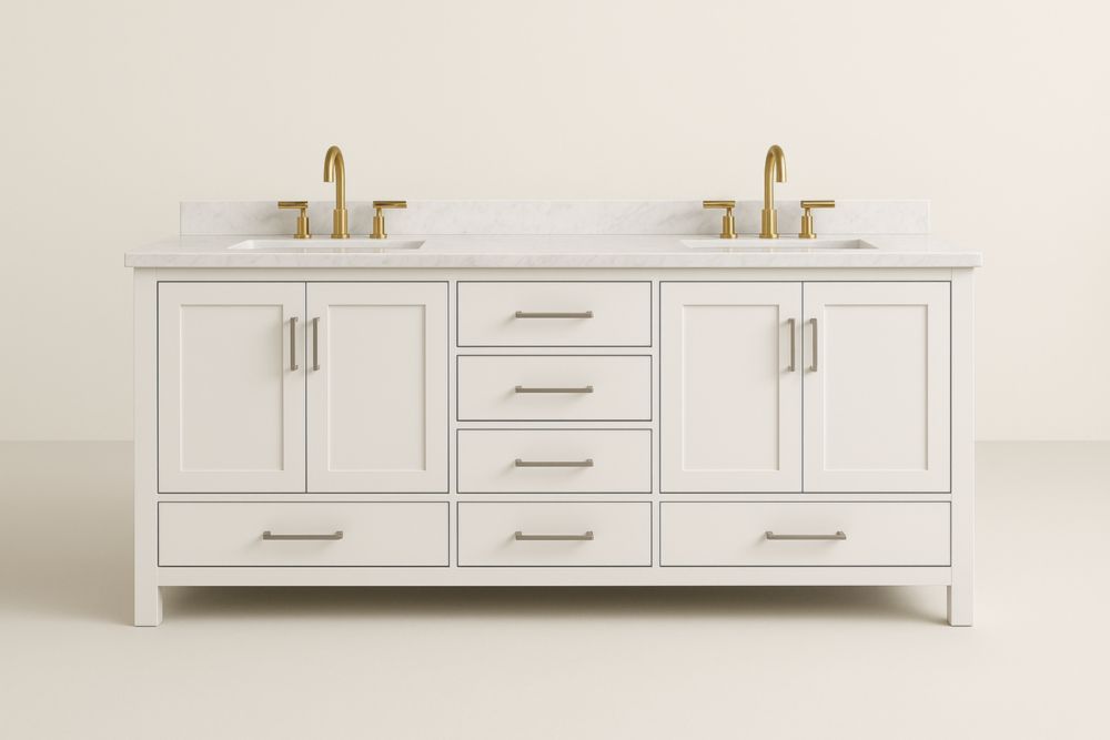 Mobile Bagno Doppi Lavabi Bianco MDF/Ottone con Marmo-Lenorivlo