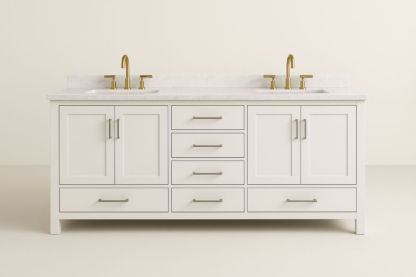 Mobile Bagno Doppi Lavabi Bianco MDF/Ottone con Marmo-Lenorivlo