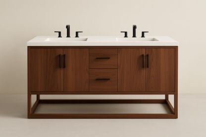 Mobile da Bagno Doppio Lavabo in Legno di Noce e Superficie Bianca-Lenorivlo