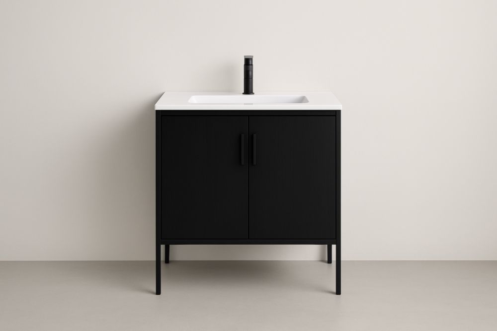 Mobile Bagno Rettangolare 2 Ante 80x50x85 cm Nero Metallo e Ceramica-Lenorivlo