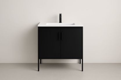 Mobile Bagno Rettangolare 2 Ante 80x50x85 cm Nero Metallo e Ceramica-Lenorivlo