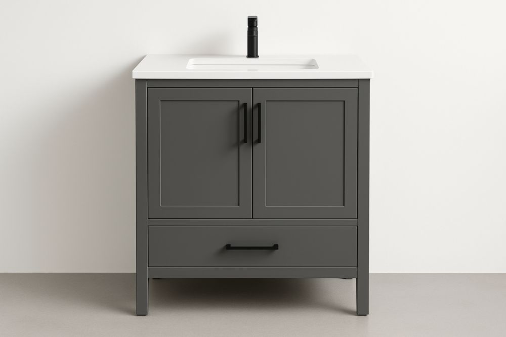 Mobile Bagno in MDF Grigio con Lavabo Rettangolare in Ceramica-Lenorivlo