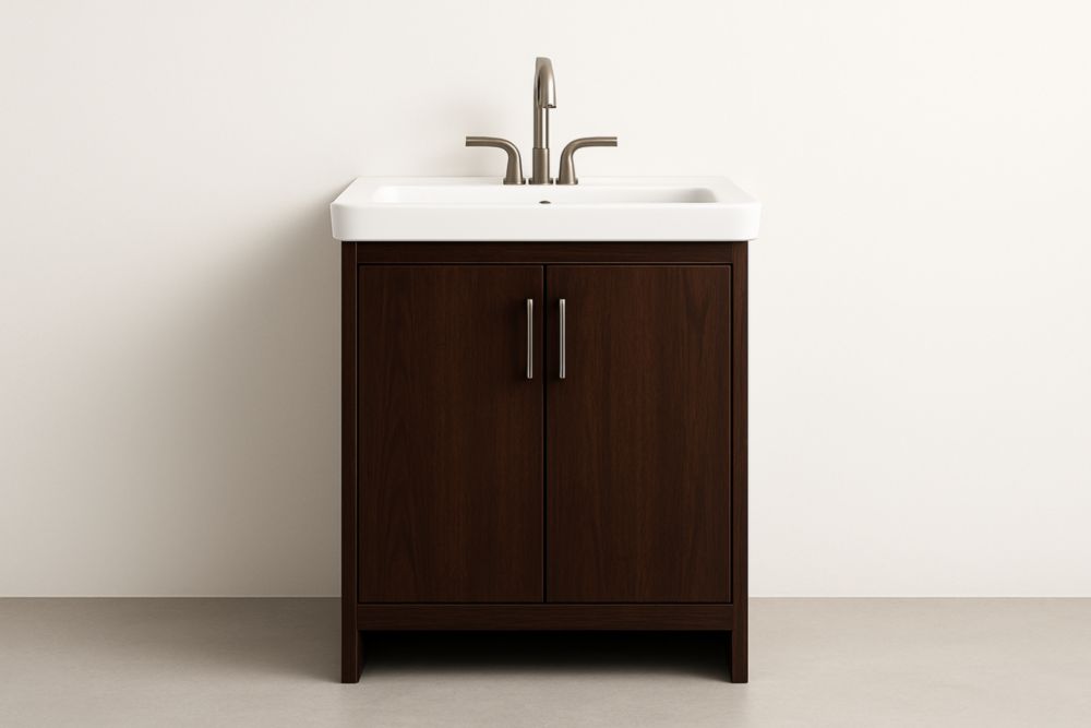 Lavabo singolo con mobile in legno e lavabo in ceramica bianco-Lenorivlo