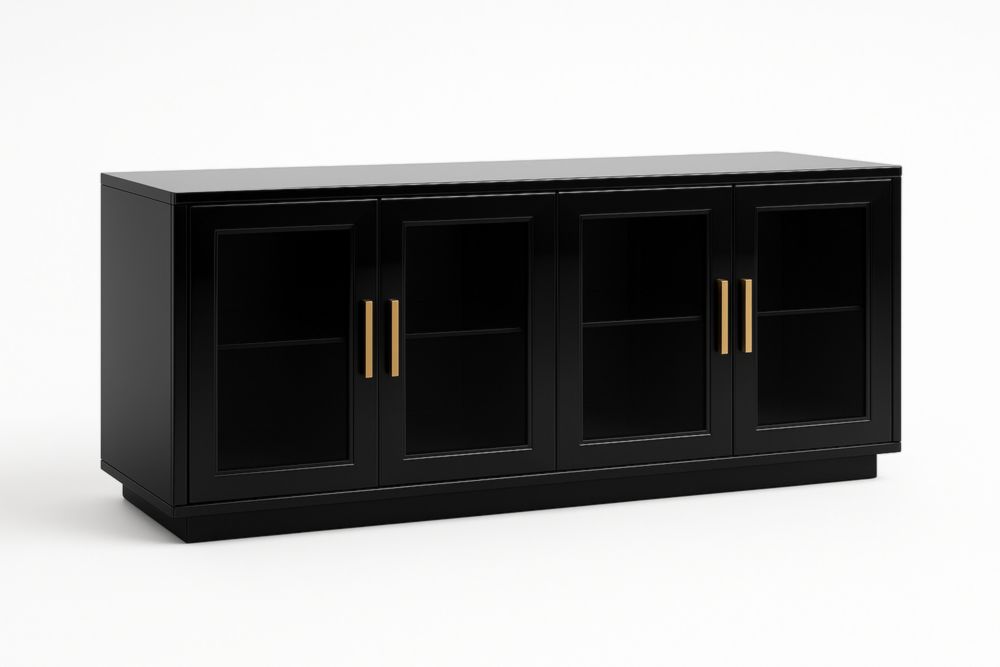 Credenza in Legno Nero con Ante in Vetro e Maniglie Dorate-Lenorivlo