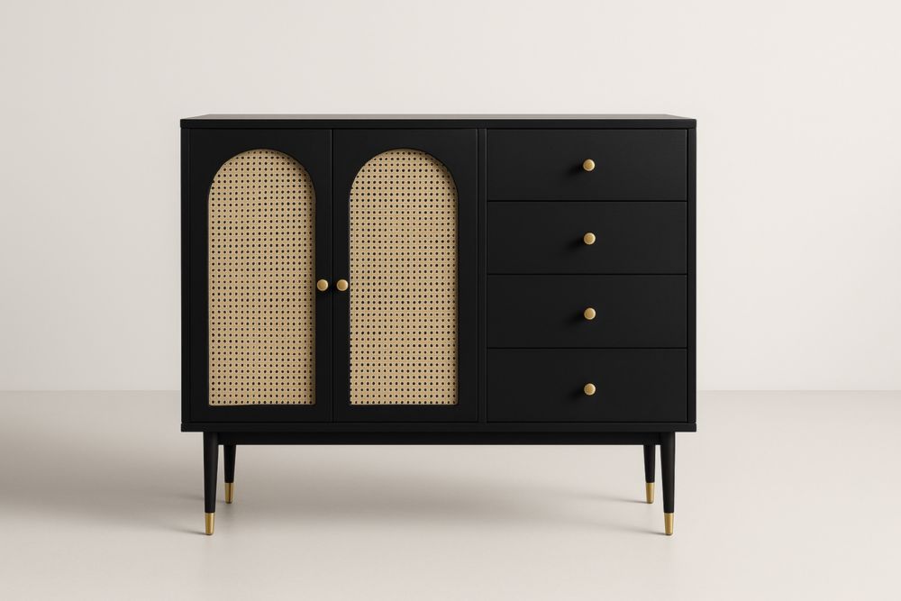 Credenza in Legno Nera con Ante in Paglia di Vienna e Cassetti-Lenorivlo