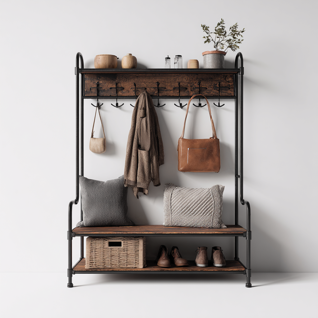 Porte manteau métal et bois 110x40x180 cm - bois - noir - design industriel - pour entrée-Roomoliq