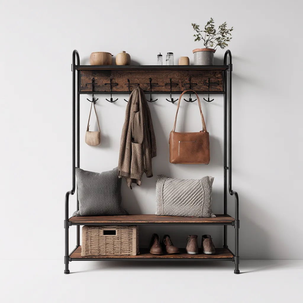 Porte manteau métal et bois 110x40x180 cm - bois - noir - design industriel - pour entrée-Roomoliq