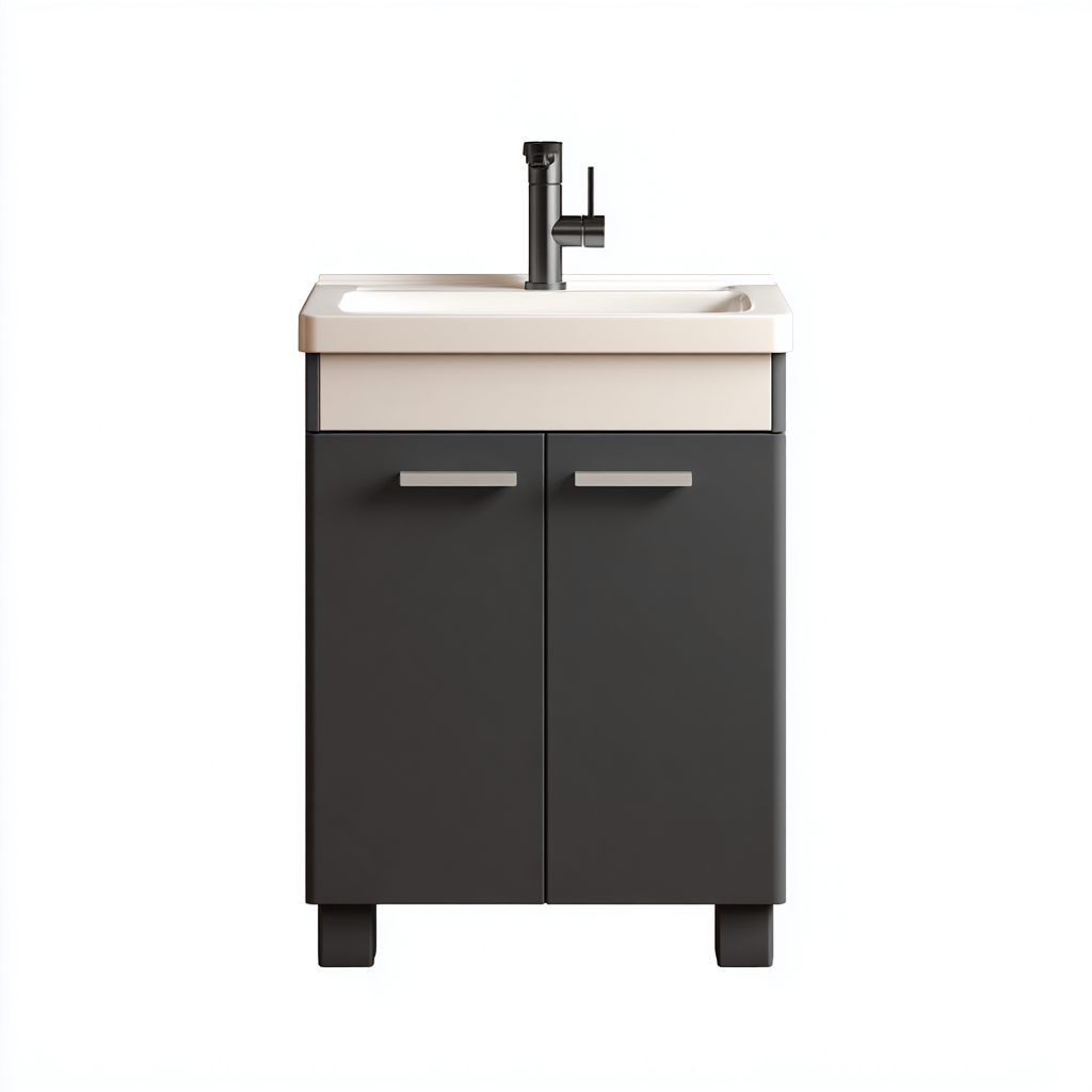 Meuble vasque 60x45x85 cm - bois et céramique - gris - noir - style moderne pour salle de bain-Roomoliq