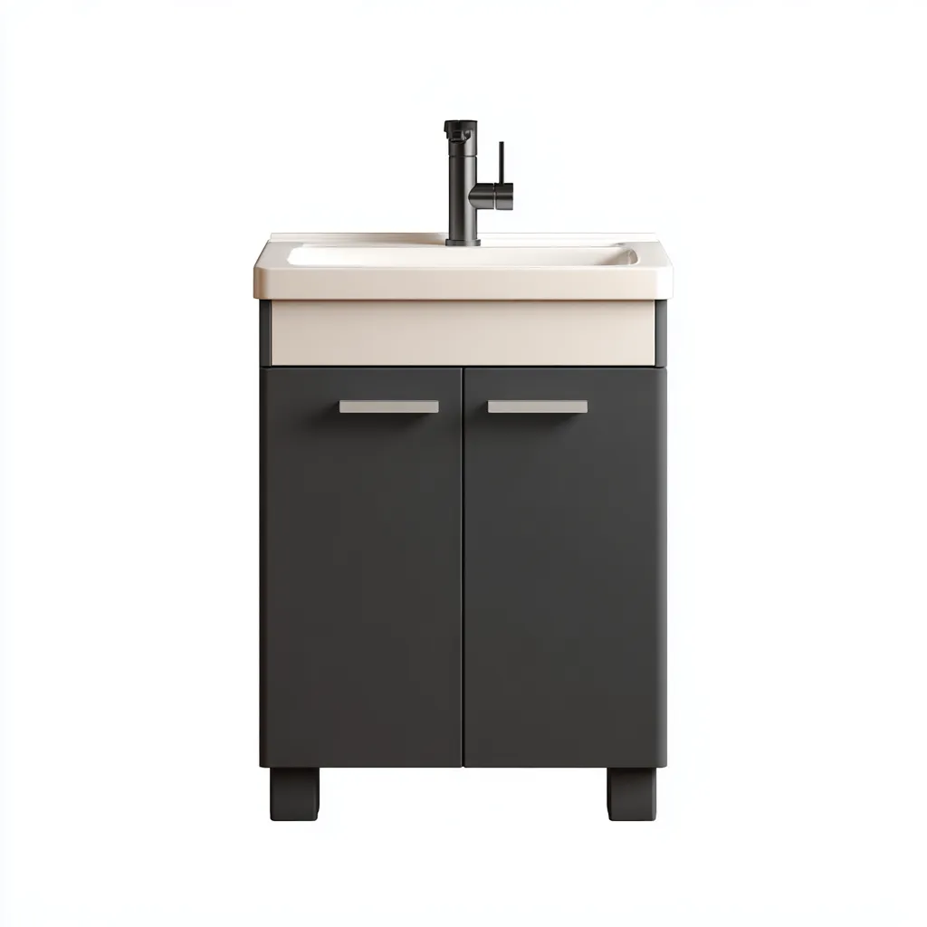 Meuble vasque 60x45x85 cm - bois et céramique - gris - noir - style moderne pour salle de bain-Roomoliq
