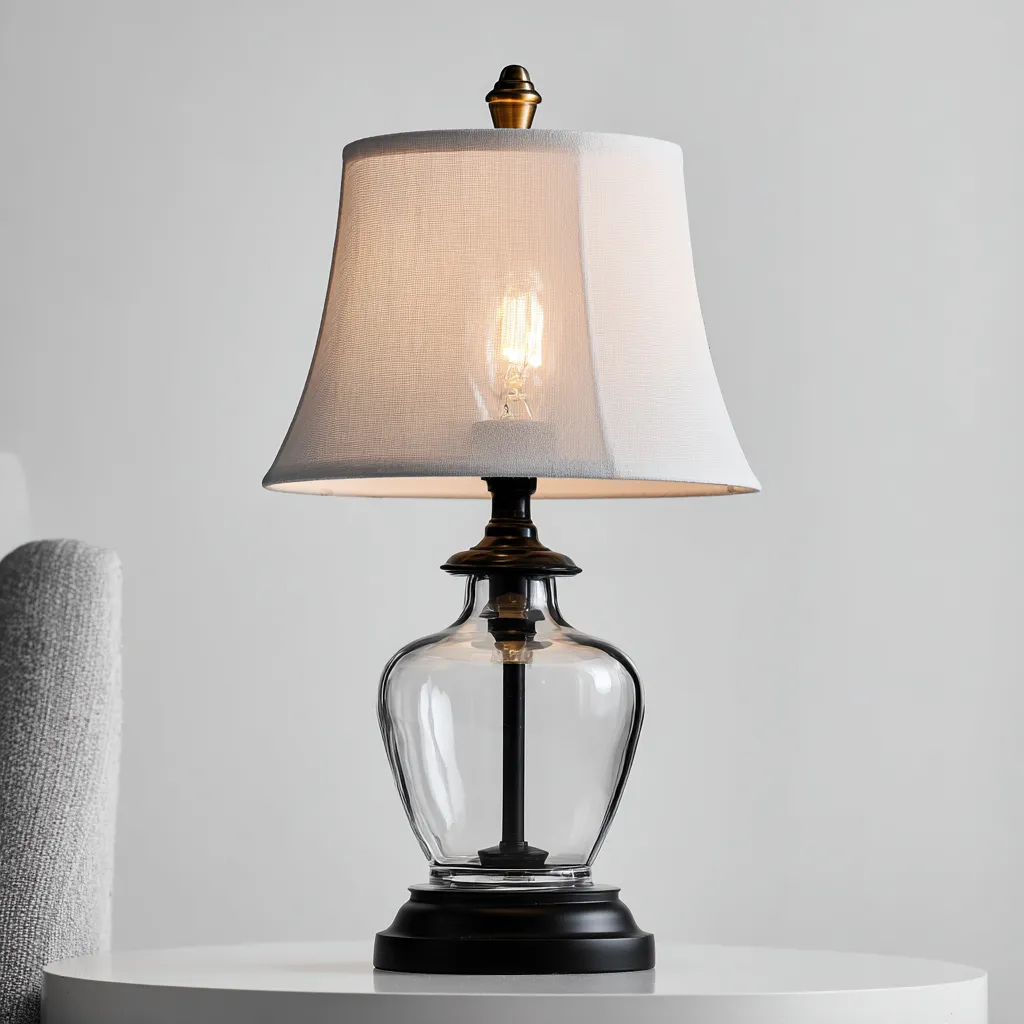 Lampe de table - verre - métal - tissu - 24x48 cm - transparent - noir - blanc - intérieur - design classique-Roomoliq