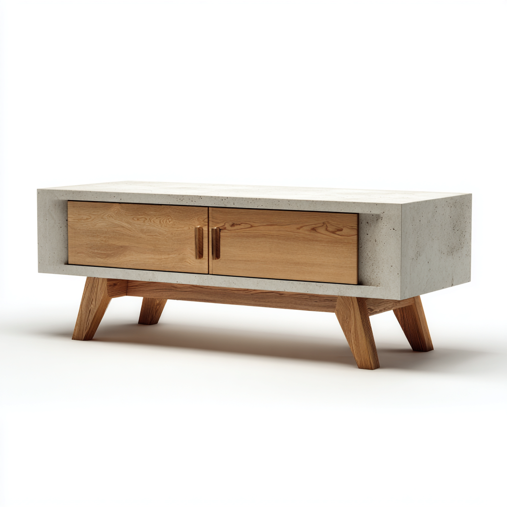 Meuble TV béton et bois 120x40x50 cm - gris - bois - pour salon - style nordique moderne-Roomoliq