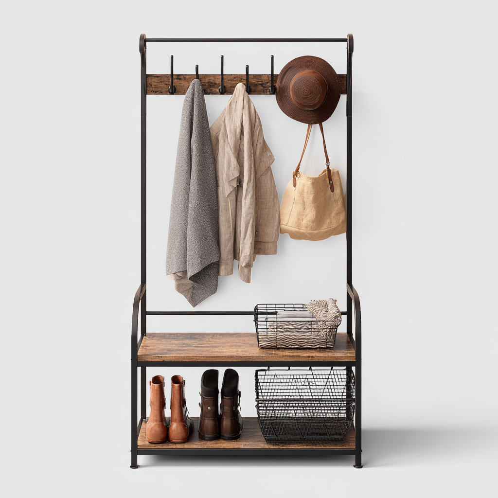 Porte manteau - métal - bois - 90x40x180 cm - noir - bois - adapté à l'entrée - design industriel-Roomoliq