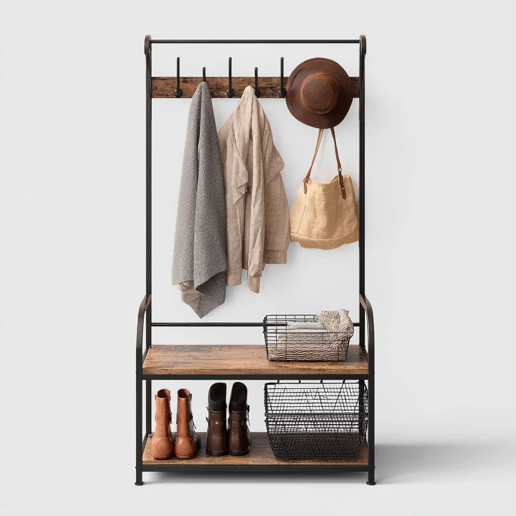 Porte manteau - métal - bois - 90x40x180 cm - noir - bois - adapté à l'entrée - design industriel-Roomoliq