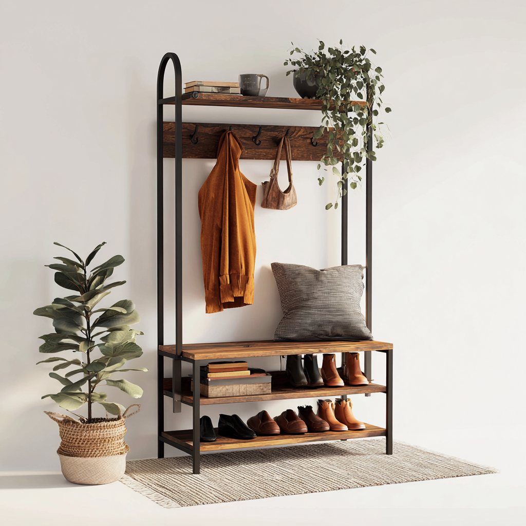 Porte manteau - métal - bois - 100x40x190 cm - noir - bois - adapté à l'entrée - design industriel-Roomoliq