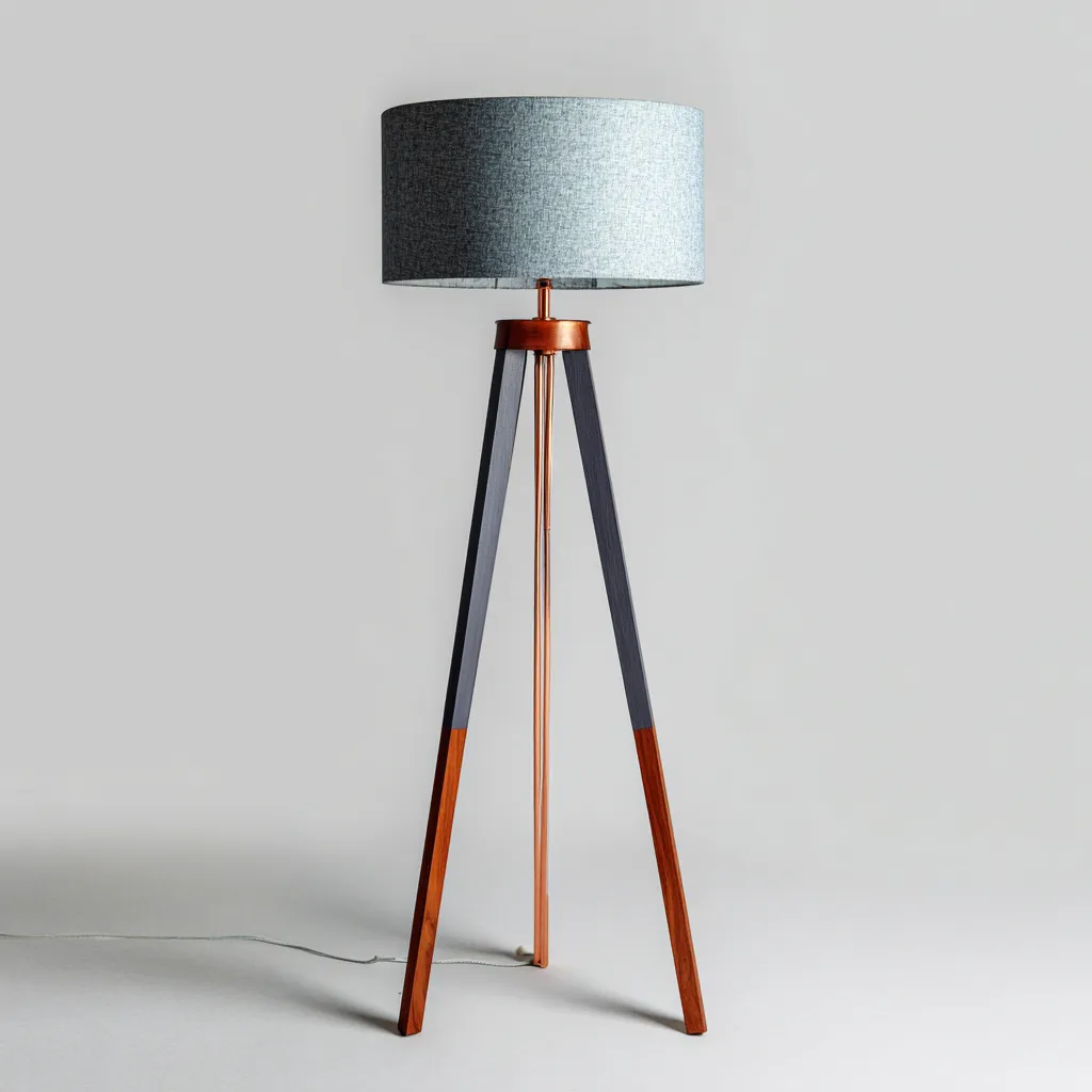 Lampadaire - bois - métal - tissu - 45x45x155 cm - gris - cuivre - marron - adapté au salon - design moderne-Roomoliq