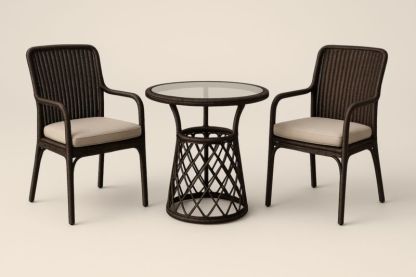 Ensemble Table et Chaises en Rotin Synthétique Marron avec Plateau en Verre Trempé