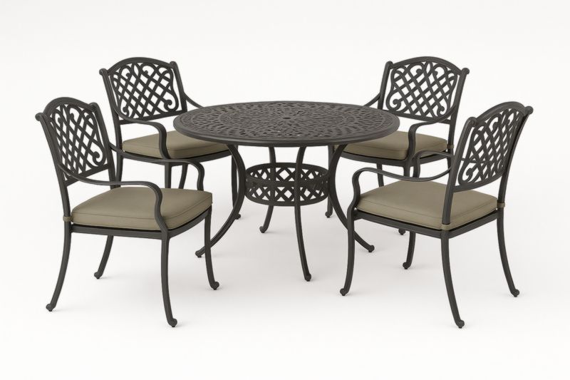 Ensemble de table ronde et chaises de jardin en aluminium noir avec coussins beiges
