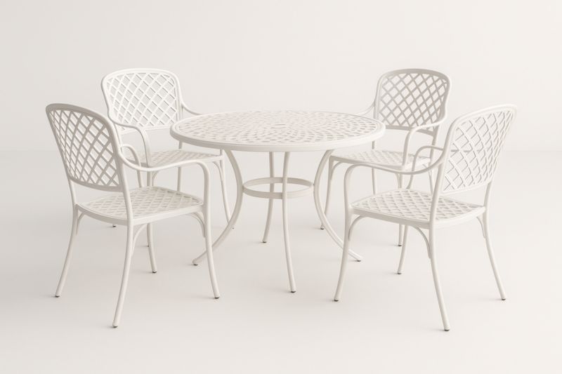 Ensemble de salle à manger de jardin en métal blanc avec table ronde et 4 chaises