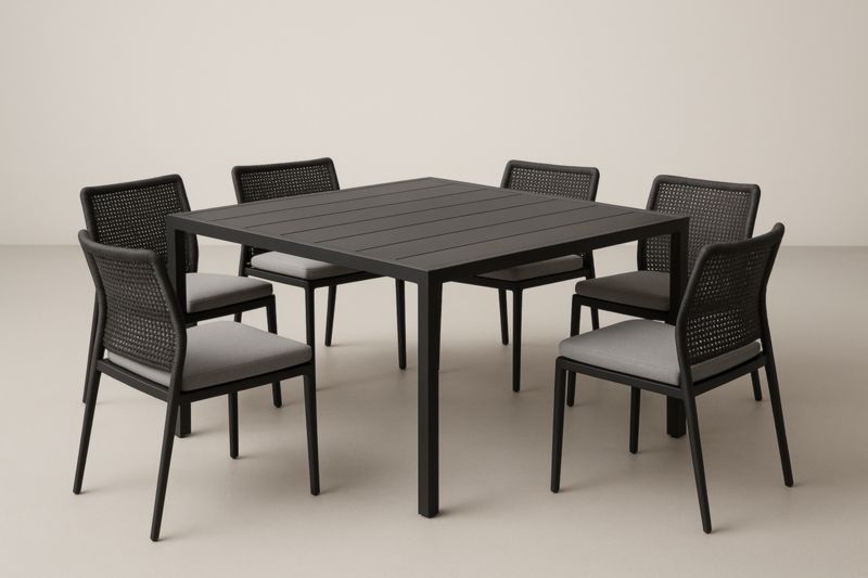 Table extérieure rectangulaire en aluminium noir avec 6 chaises en résine tressée