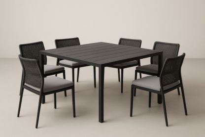 Table extérieure rectangulaire en aluminium noir avec 6 chaises en résine tressée