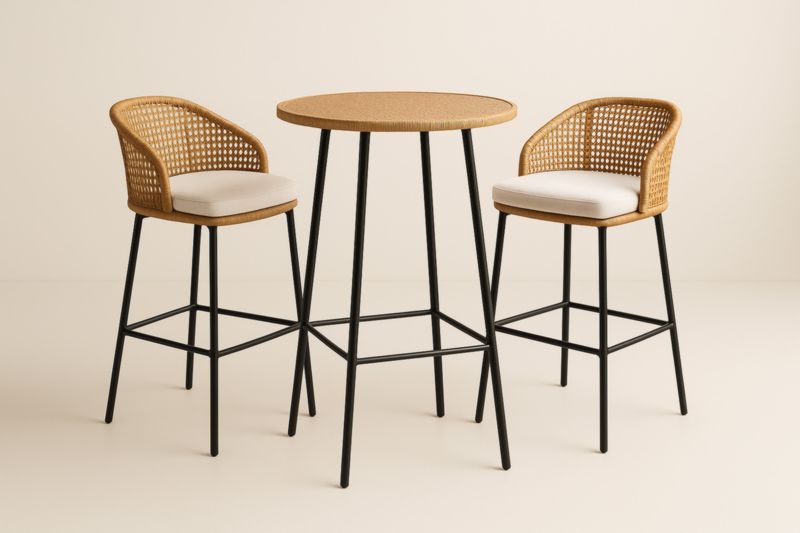 Table de bar ronde avec chaises en rotin et acier