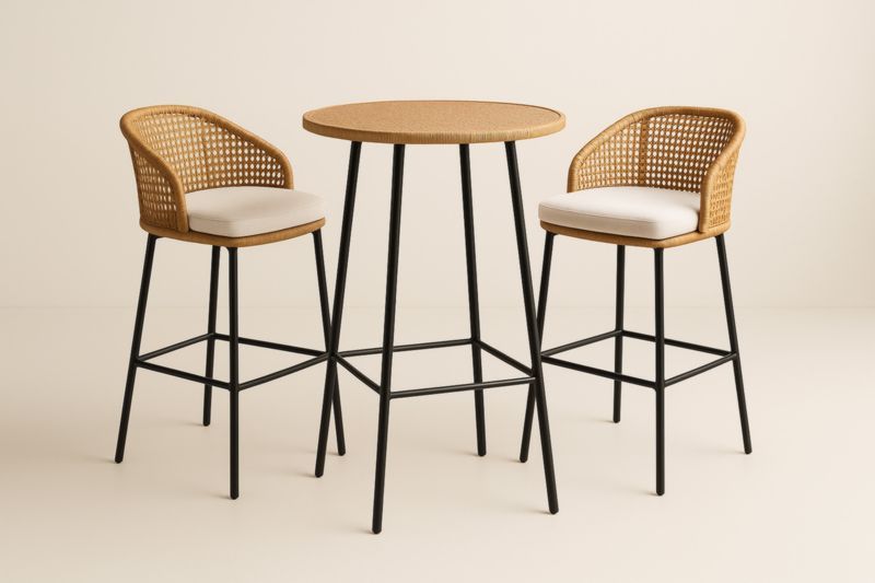 Table de bar ronde avec chaises en rotin et acier