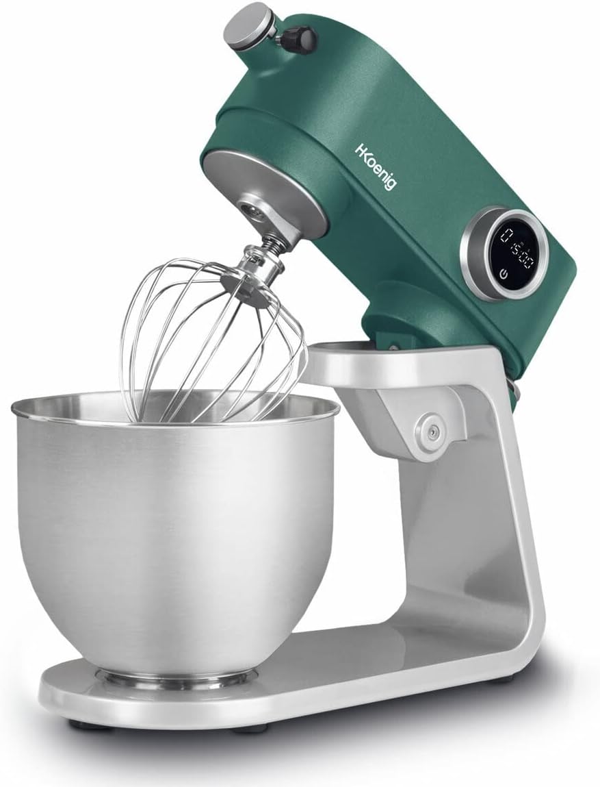 H.Koenig Robot de cocina multifunción 5L KM128 en acero INOX Verde, Robot pastelero, 8 velocidades, Batidor, Mezclador, Gancho Amasador, Tapa anti-salpicamiento, Potente 800 W