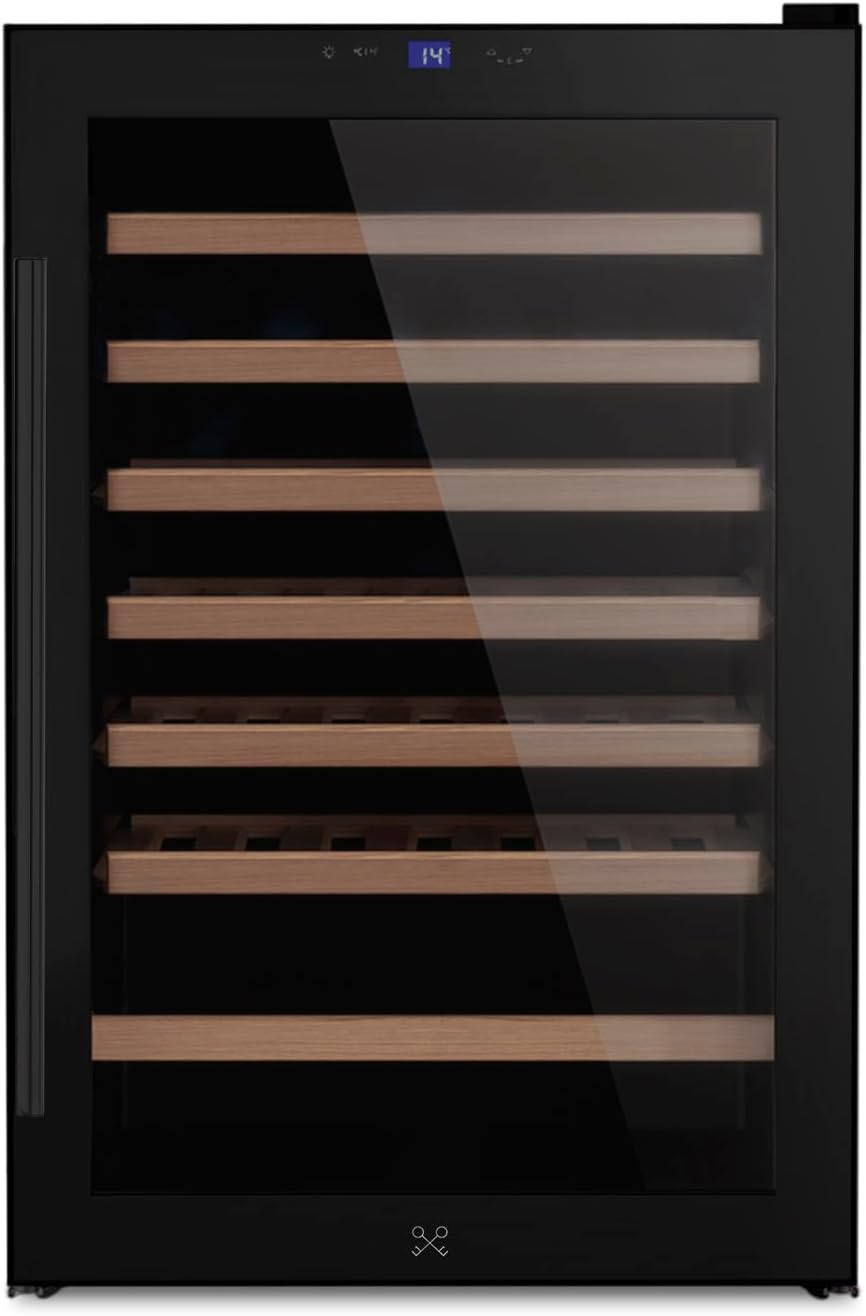 LES PETITS CHAMPS Vinoteca 48 Botellas CAVCB48 Black Edition, 128L, 6 Estantes de Madera, Ajustable de 4 a 18°C, Enfriamiento Termodinámico, Diseño Elegante, LED, Anti-UV