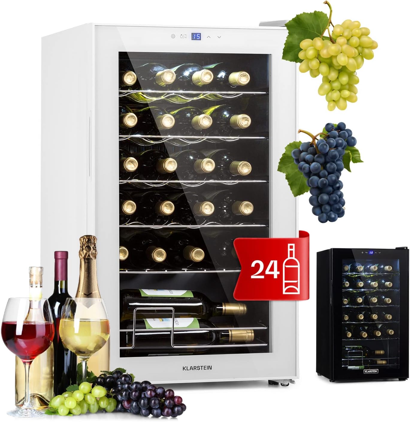 KLARSTEIN Vinoteca para Vinos de 63L Nevera Vino Una Zona, Botellas Vino, Proseco y Cervezas, Vinoteca Pequeña Puerta Cristal para Interior y Exterior, Nevera para Vinos Capacidad 24 Botellas
