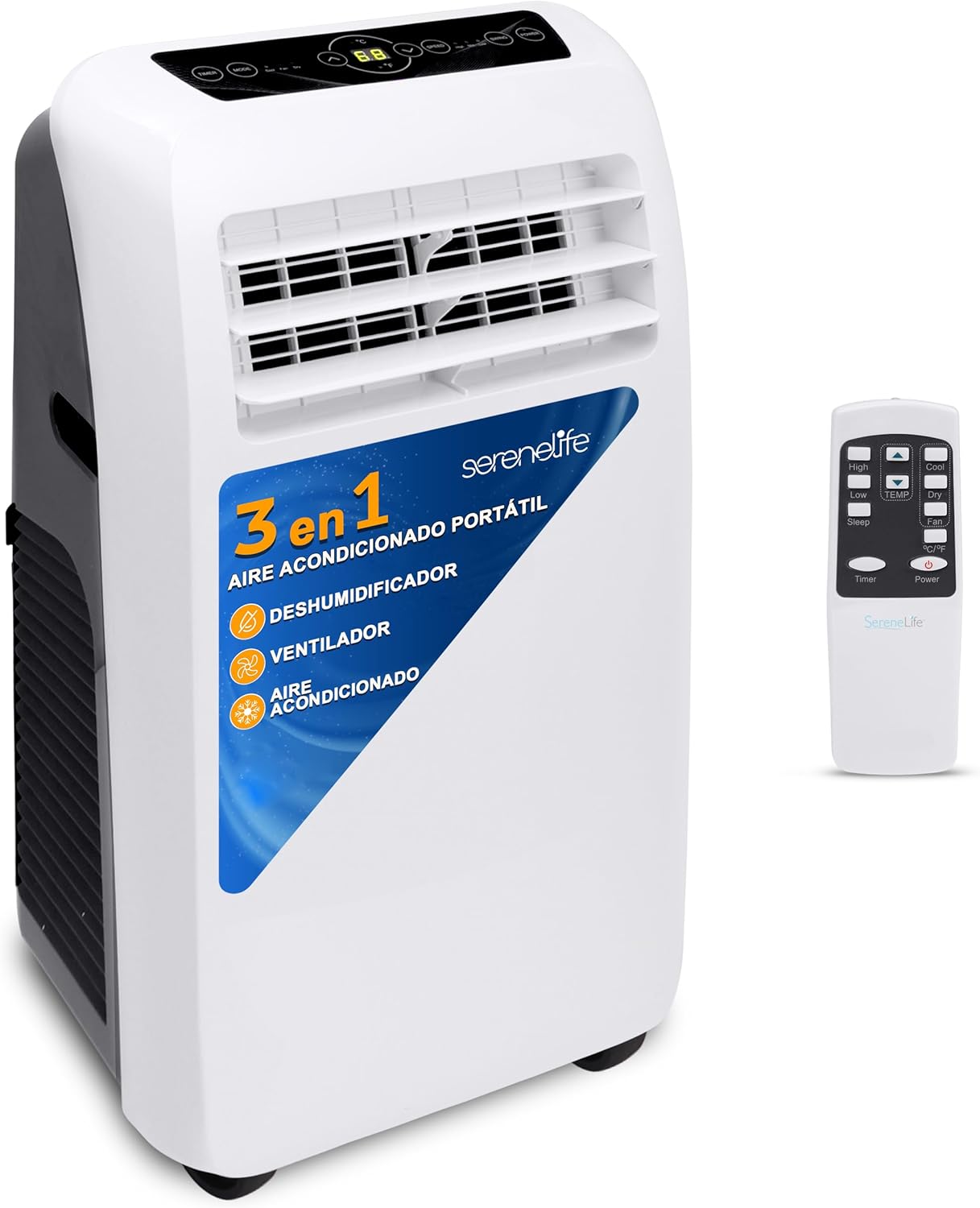 SereneLife Aire Acondicionado Portátil, 9.000 BTU, con Mando a Distancia, Móvil, Silencioso, Deshumidificador, Ventilador, Kit Escape Ventana, Blanco