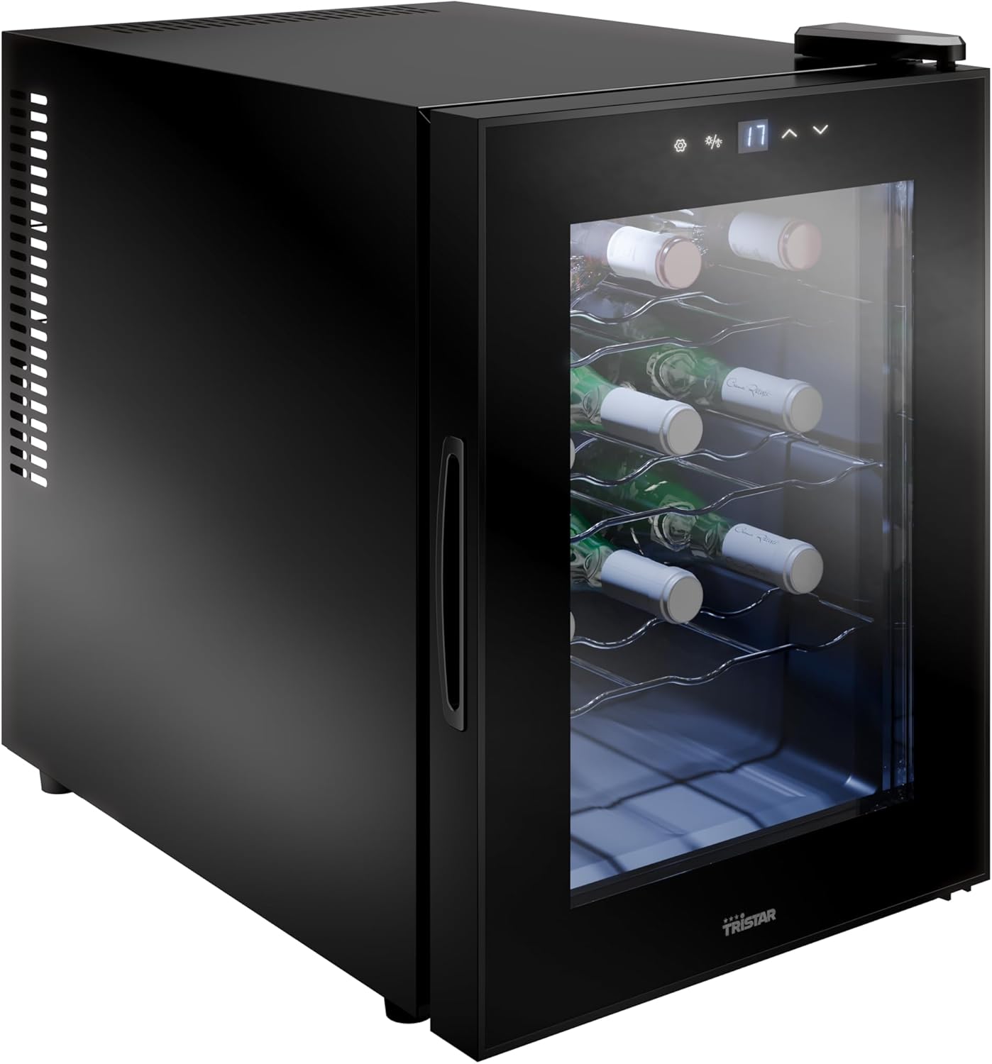Tristar Vinoteca Termoeléctrica Grande Saignée, Para hasta 12 botellas, Silenciosa y estable, Puerta de vidrio, 4 niveles, Pantalla táctil LED, Iluminación interior, WR-7511
