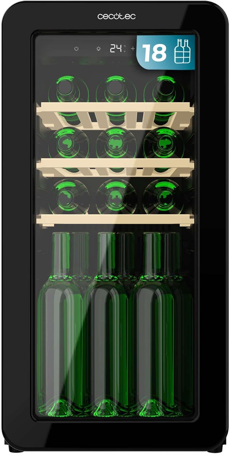 Cecotec Vinoteca 18 Botellas Retro Bolero Grandsommelier Origin 18 Hit Black. Acabado En Negro Con Control Led, Temp. 5-20ºC, Compresor, NoFrost, Estantes Madera, Luz Interior, Ventilación