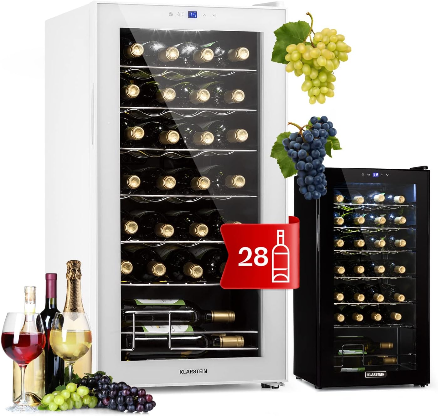 KLARSTEIN Vinoteca para Vinos de 74L Nevera Vino Una Zona, Botellas Vino, Proseco y Cervezas, Vinoteca Pequeña Puerta Cristal para Interior y Exterior, Nevera para Vinos Capacidad 28 Botellas