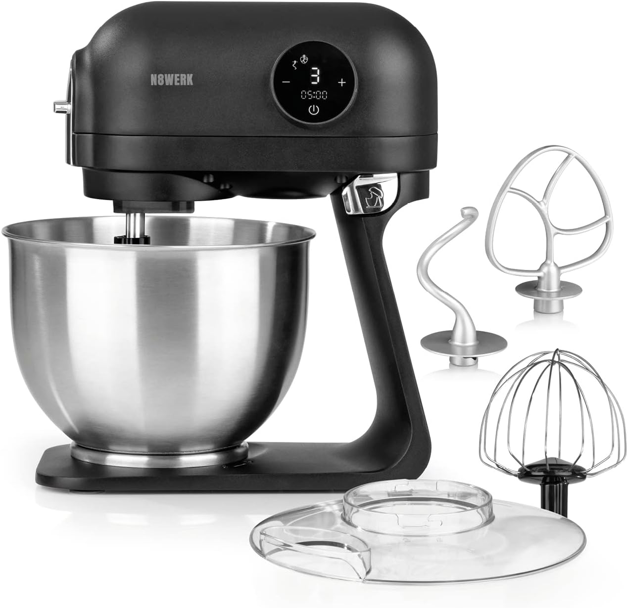 Robot de cocina en Midnight Edition, batidor, gancho para amasar y gancho para mezclar, protección contra salpicaduras con orificio de llenado, cuenco de acero inoxidable de 5 L, 6 niveles de