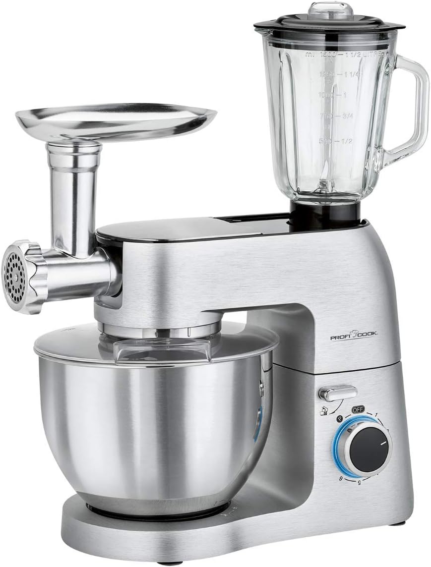 Profi Cook PC-KM 1189 - Robot de repostería multifunción - 3 en 1 - Amasar - Picar - Batidora - 1500 Watts - Color plata