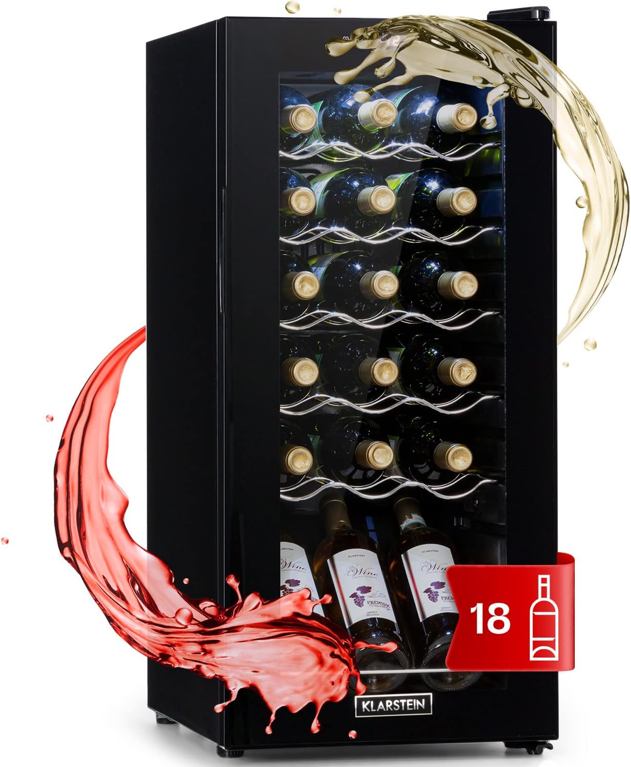 KLARSTEIN Vinoteca, Nevera para Vinos con 1 Zona de Refrigeración, Botellero para Vinos, Cerveza, Prosecco, Expositor Interior y Exterior, Panel Táctil, 50 L., Vinoteca Capacidad 18 Botellas