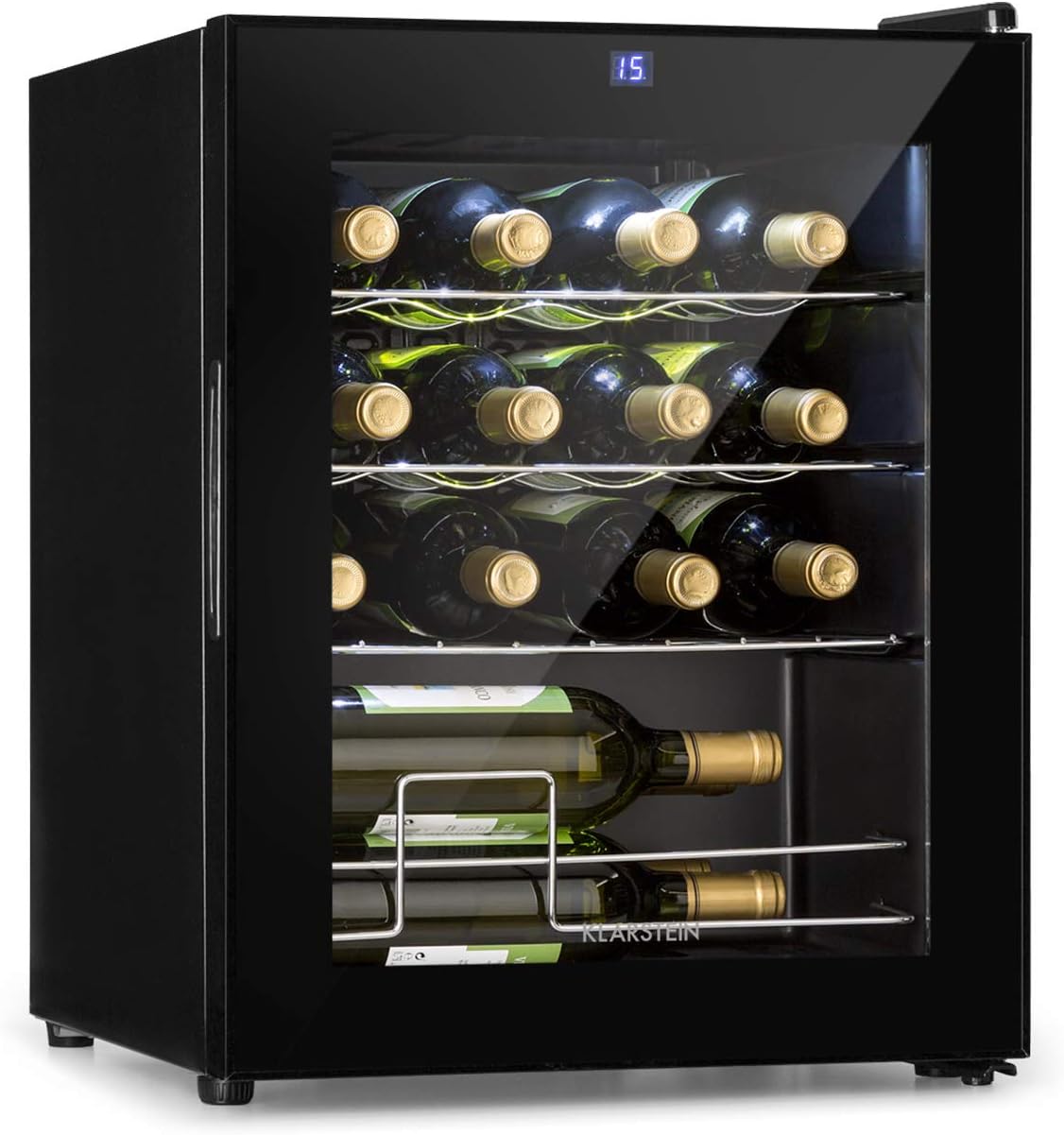 KLARSTEIN Shiraz Vinoteca, Nevera para Vinos 1 Zona Refrigeración, Botellero para Vinos, Cerveza, Prosecco, Expositor Interior y Exterior, Panel Táctil, 42 L., Vinoteca Capacidad 16 Botellas