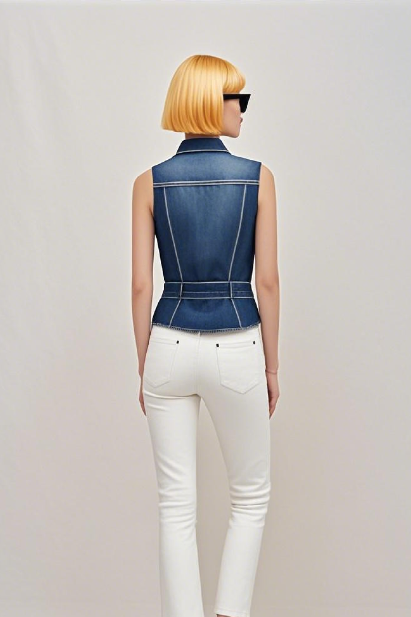 Square Neck Shrunken '90s Linen & Denim Vest