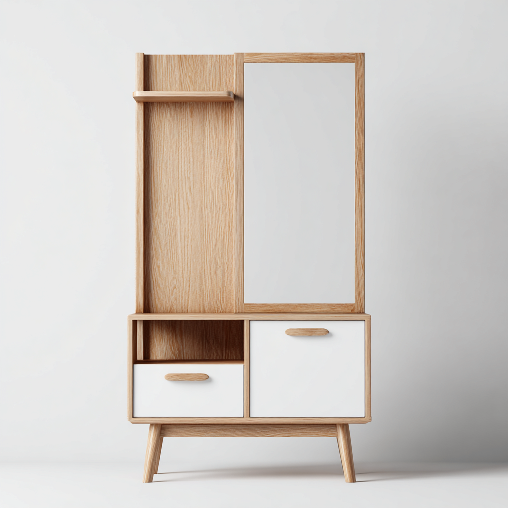 Attaccapanni legno composito con specchio 90x38x175 cm - rovere - bianco - design moderno per ingresso-Frameuna