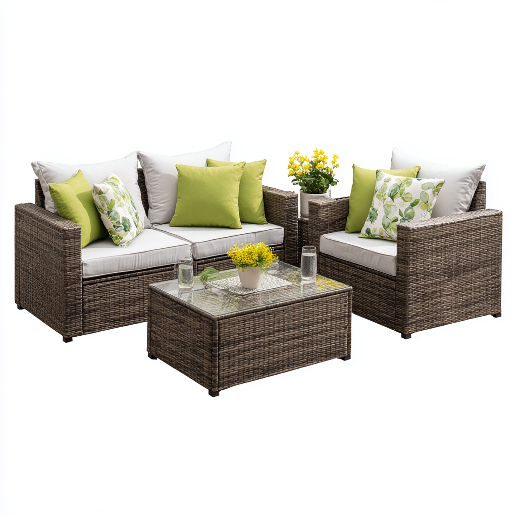 Divani da esterno set in rattan sintetico e tessuto 130x70x75 cm - marrone - grigio chiaro - design moderno-Frameuna