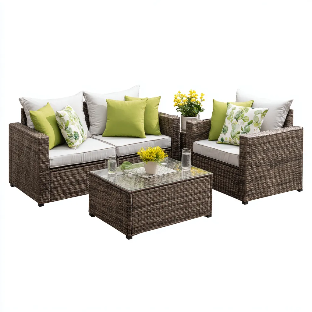 Divani da esterno set in rattan sintetico e tessuto 130x70x75 cm - marrone - grigio chiaro - design moderno-Frameuna