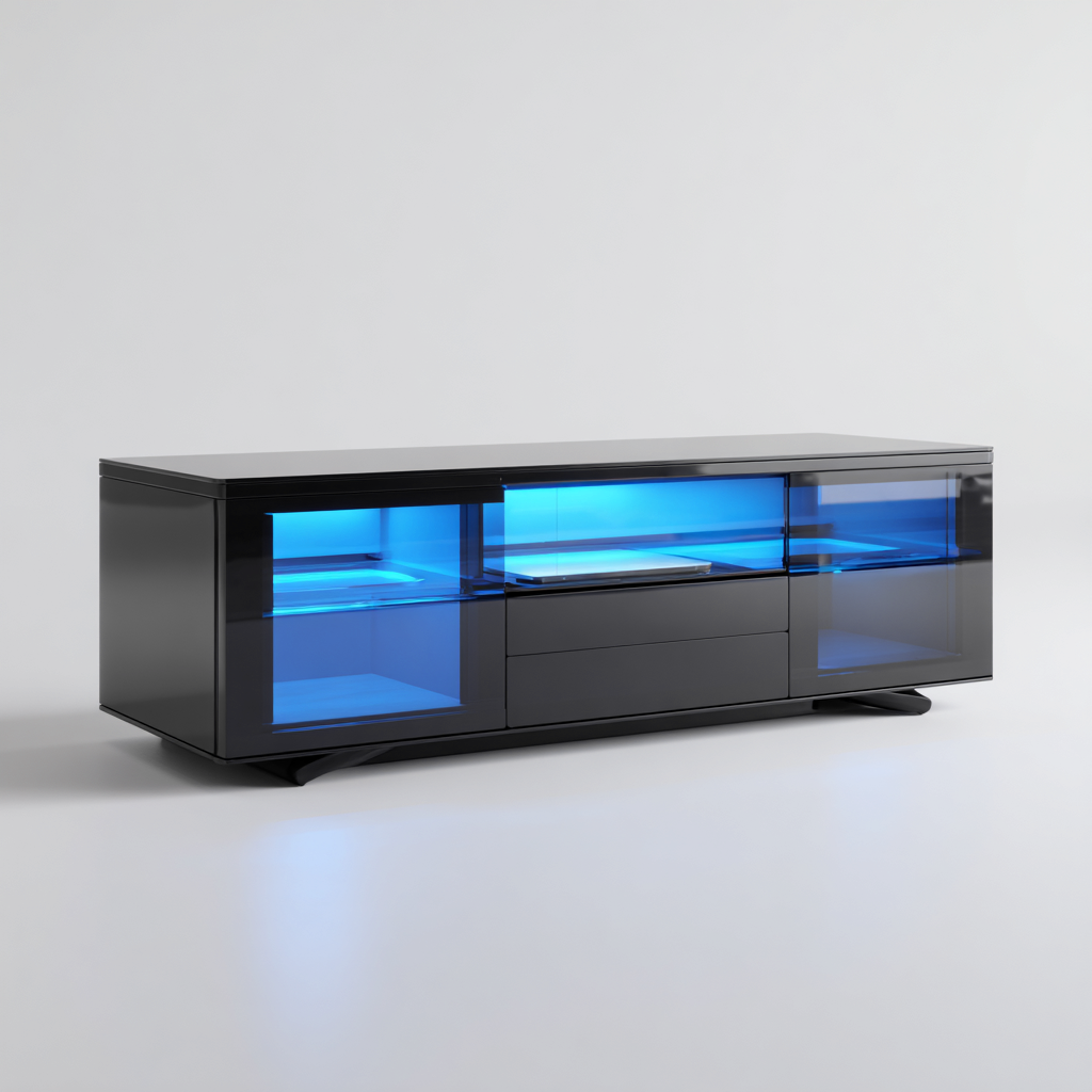 Mobile TV lucido nero con illuminazione LED 180x40x48 cm - nero - design moderno per soggiorno-Frameuna