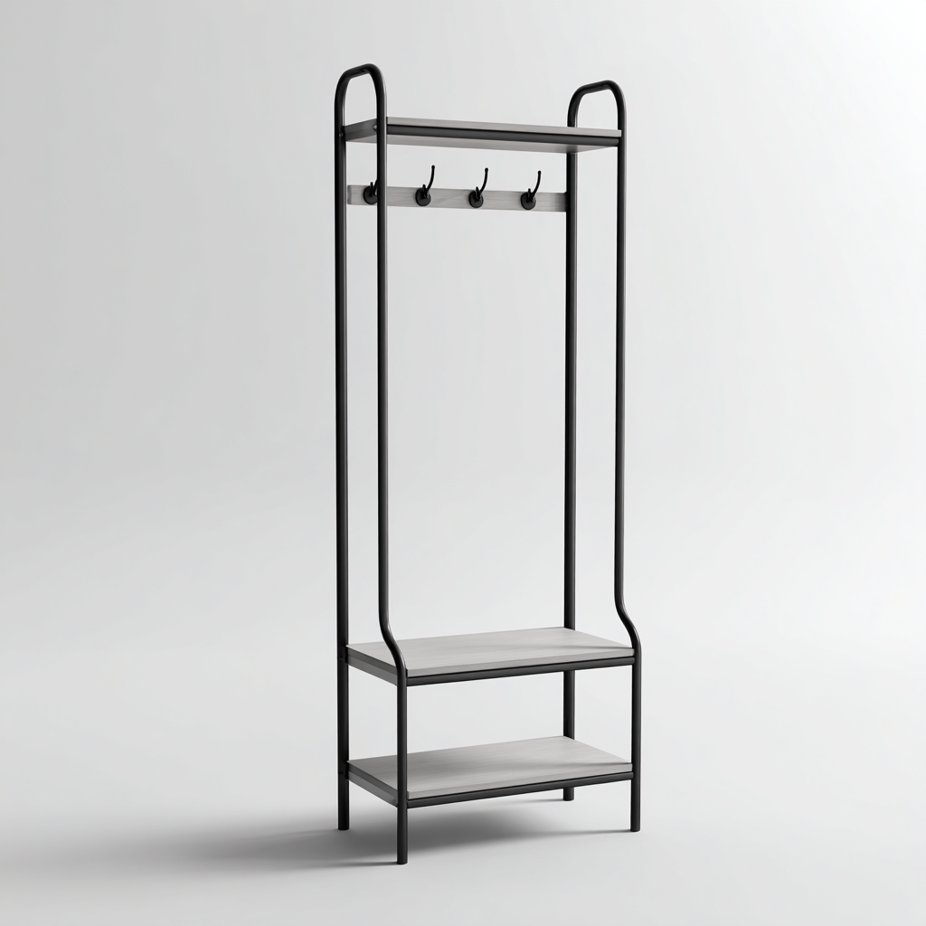 Attaccapanni metallo e ripiani grigi 80x35x175 cm - grigio - nero - design minimalista per ingresso-Frameuna