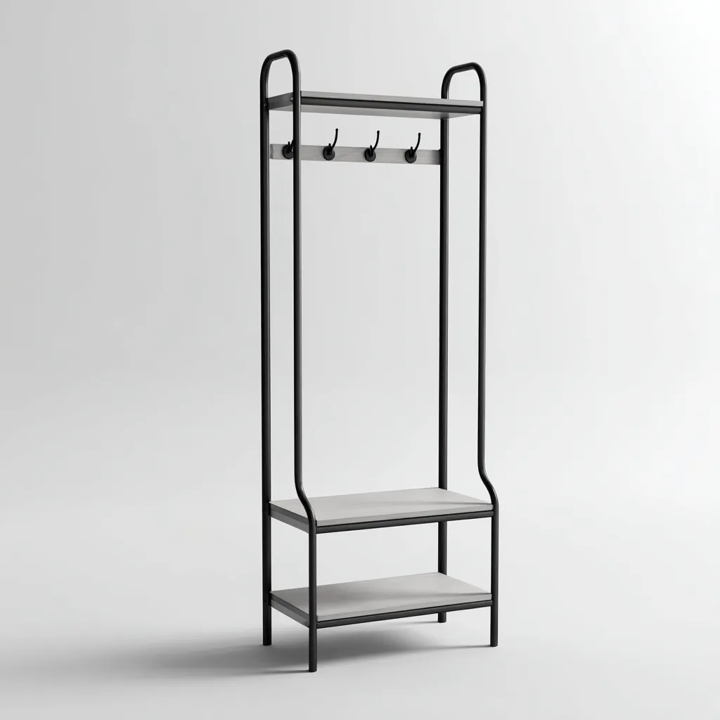 Attaccapanni metallo e ripiani grigi 80x35x175 cm - grigio - nero - design minimalista per ingresso-Frameuna